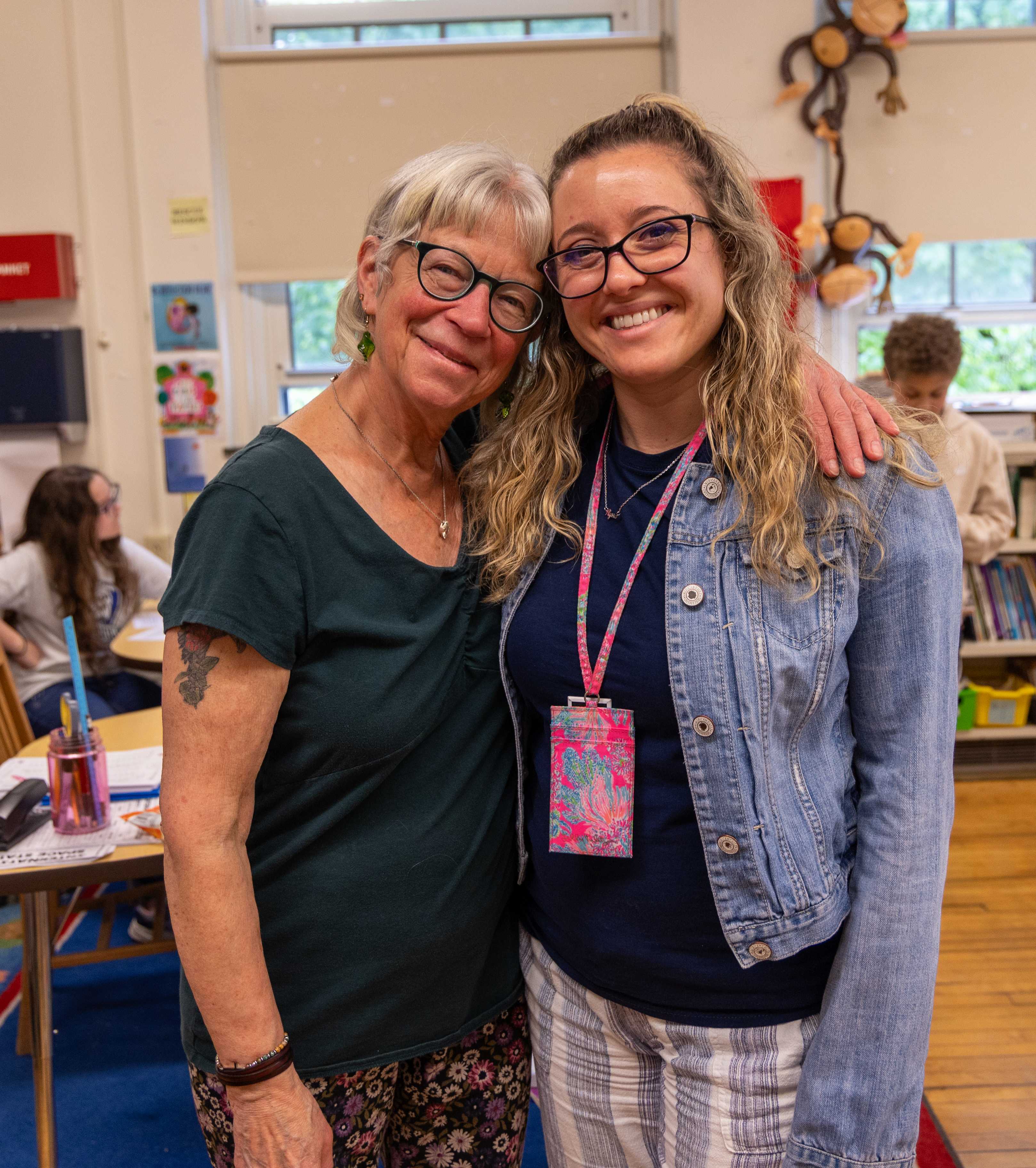 Ms. Patty poses with Mrs. Lillich in her classroom
